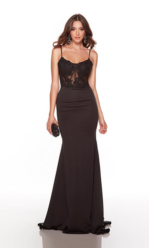 Fitted black corset prom dress with a sheer lace bodice. COLOR-SWATCH_61456__BLACK