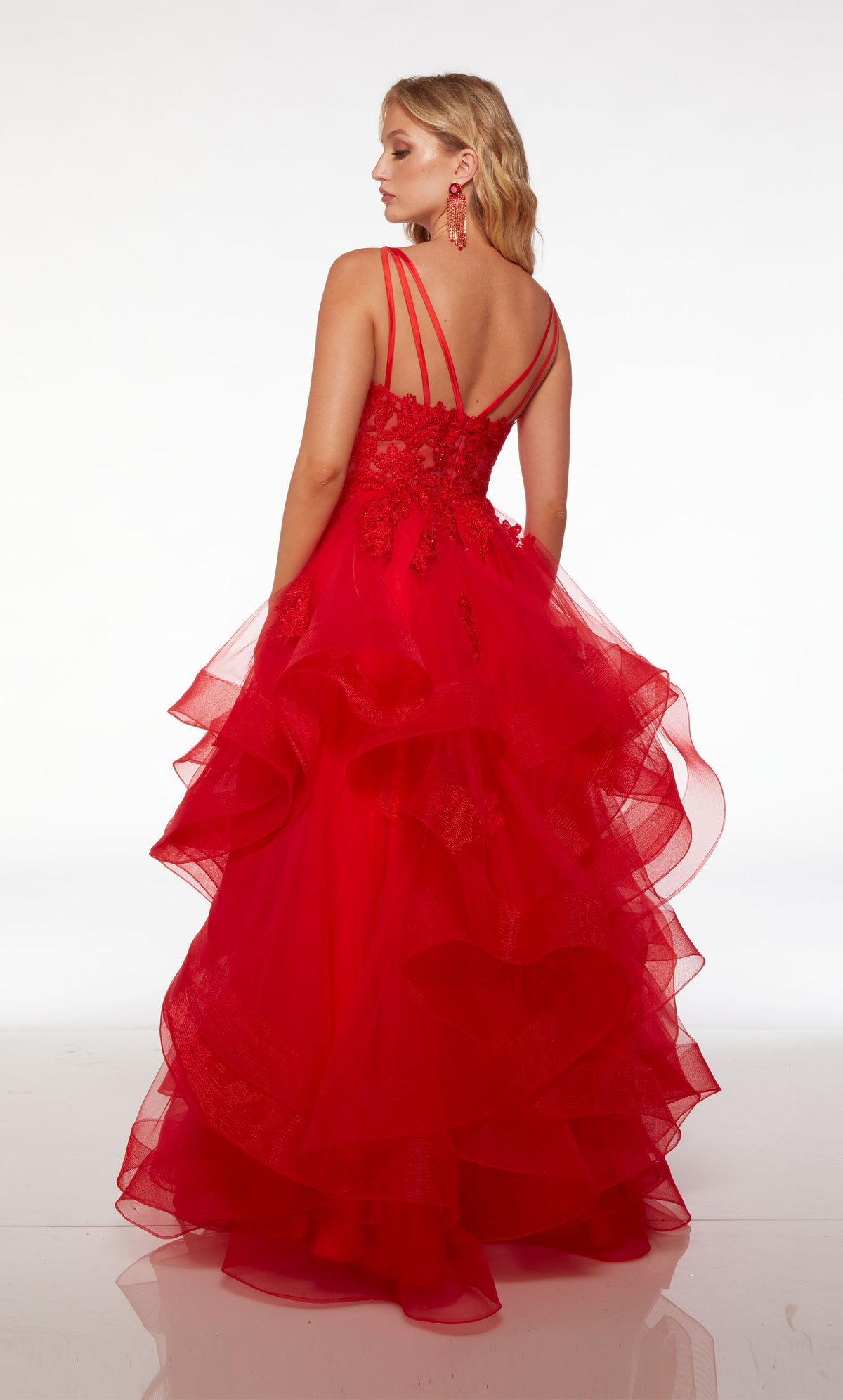 Lipstick red ball gown spotlighting an sheer lace corset top, ruffled tulle skirt, strappy open back, and floral lace appliques for an fiery yet romantic vibe.