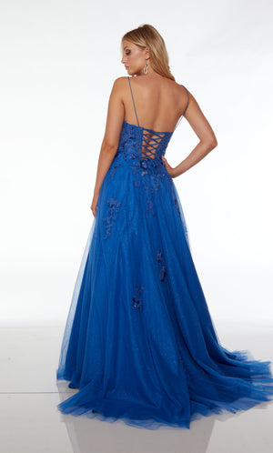 Blue prom dress: Scooped neckline, A-line skirt, crisscross lace up back, and train crafted in glitter tulle and adorned with delicate beaded lace.