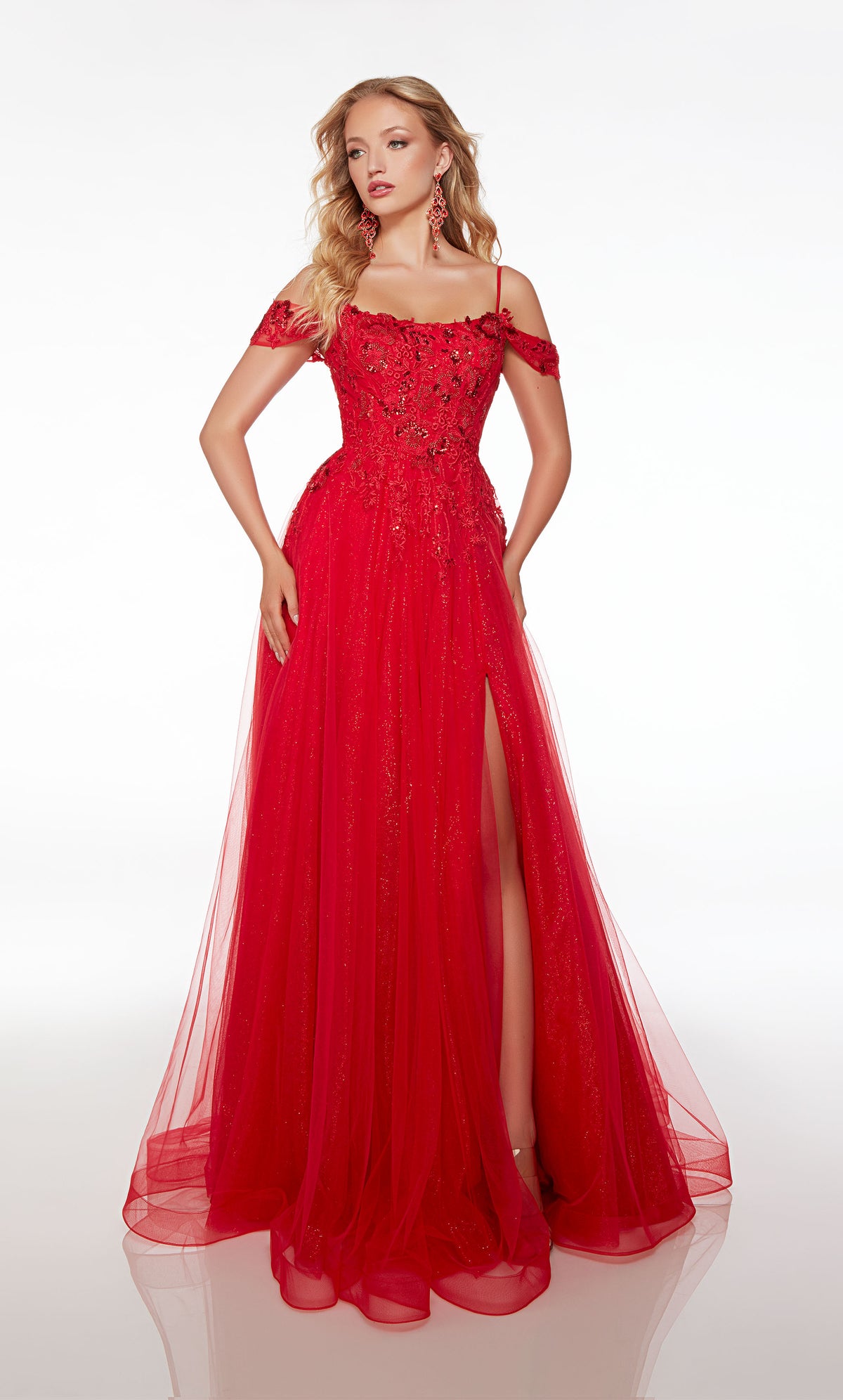 Red prom dress: Off-the-shoulder neckline, A-line skirt with side slit, romantic train, and delicate beaded lace appliques for an timeless and elegant look.