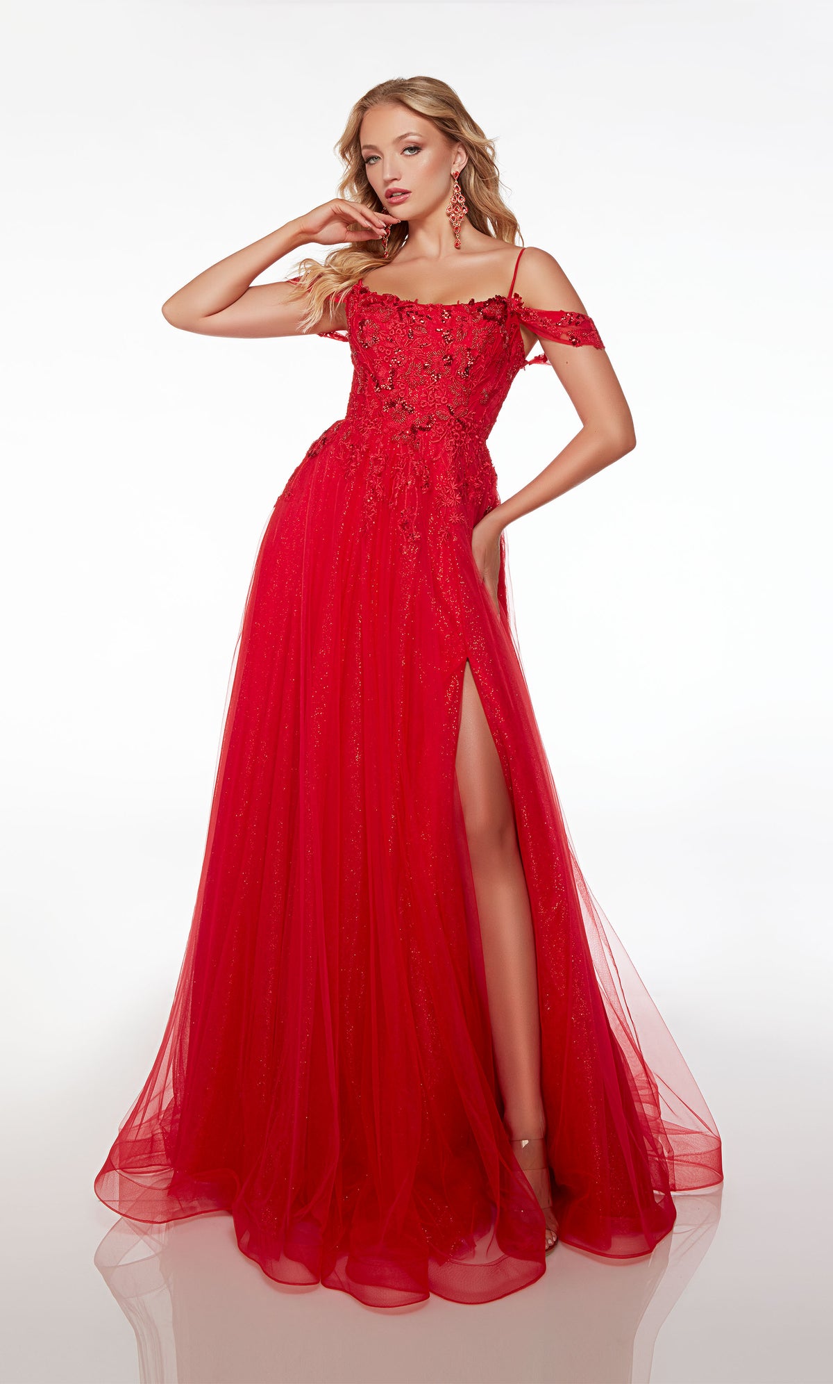 Red prom dress: Off-the-shoulder neckline, A-line skirt with side slit, romantic train, and delicate beaded lace appliques for an timeless and elegant look.