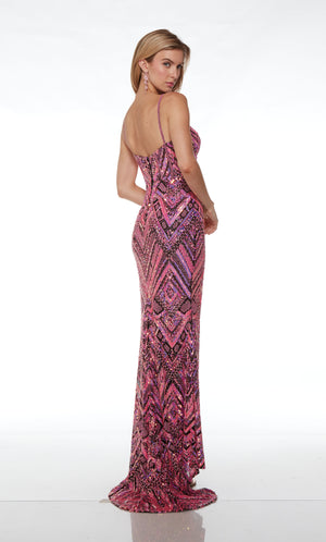 Black and pink hand-beaded unique prom dress with intricate pattern, plunging neckline, side slit, beaded straps, and an slight train for an stylish and distinctive look.