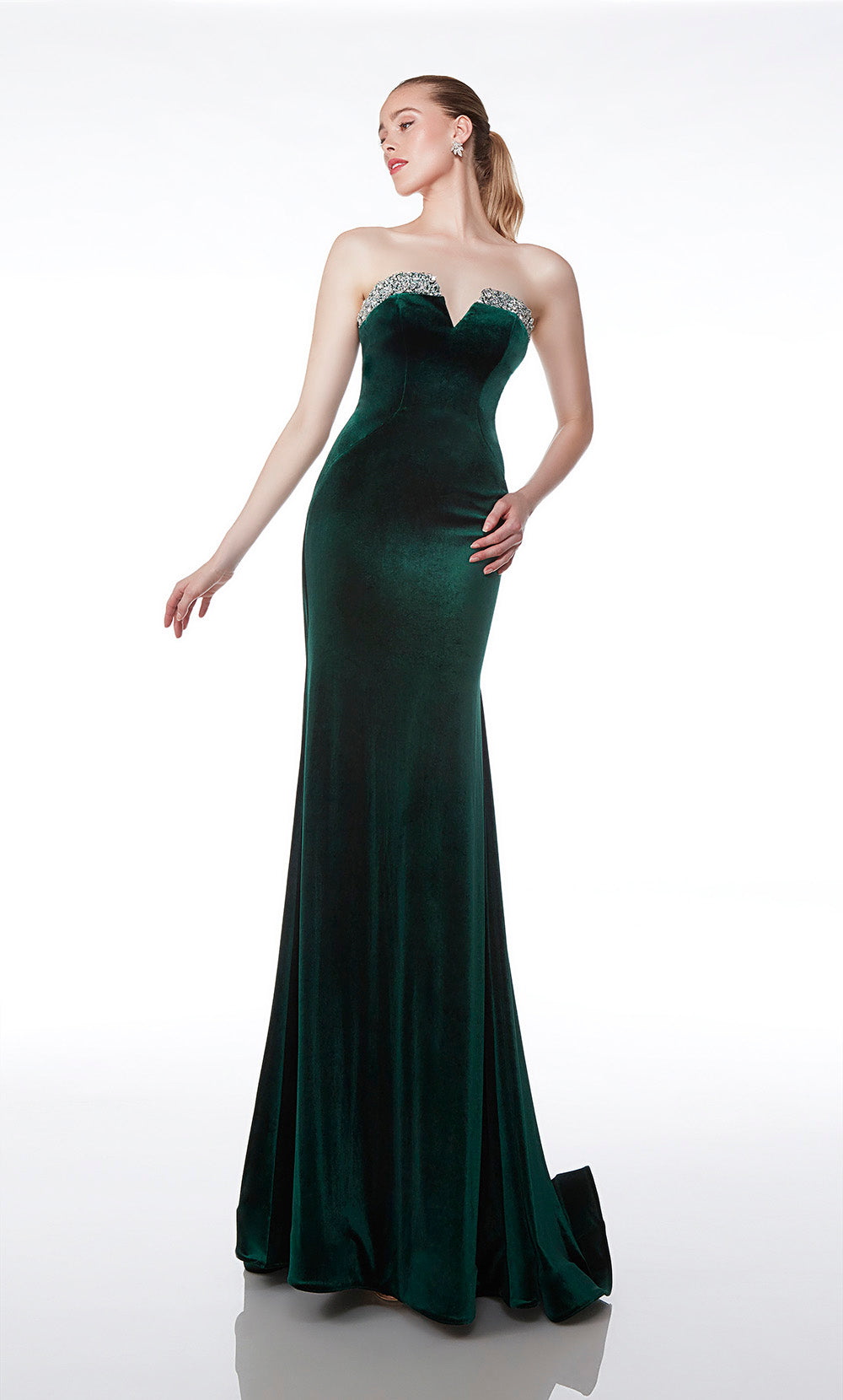 Pine velvet fit-and-flare formal gown: Silver rhinestone-trimmed strapless neckline, lace-up back, and an beautiful train for an stunning and elegant look.