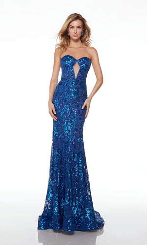 Strapless royal blue prom dress featuring an diamond keyhole corset top, lace-up back, train, and iridescent floral sequin designs for an captivating and elegant look.