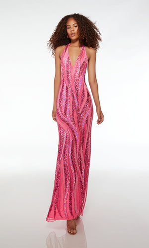 Sultry pink plunging halter neck formal dress with an sexy open back, adorned in an stunning hand-beaded design for an alluring and elegant look.