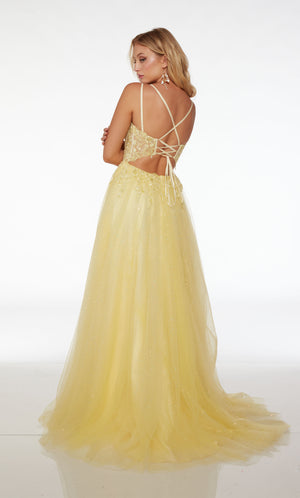 Radiant light yellow prom dress in glitter tulle, adorned with an romantic lace corset top, floral lace appliques, high slit, lace-up back, and an graceful train.