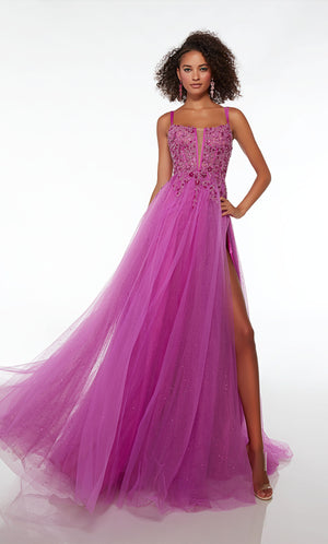 Gorgeous purple prom dress in glitter tulle, adorned with an romantic lace corset top, floral lace appliques, high slit, lace-up back, and an graceful train.