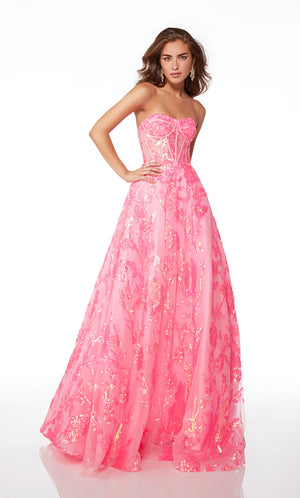 Strapless pink ball gown with an corset top, lace-up back, and iridescent sequin flowers throughout, creating an whimsical and enchanting aesthetic.