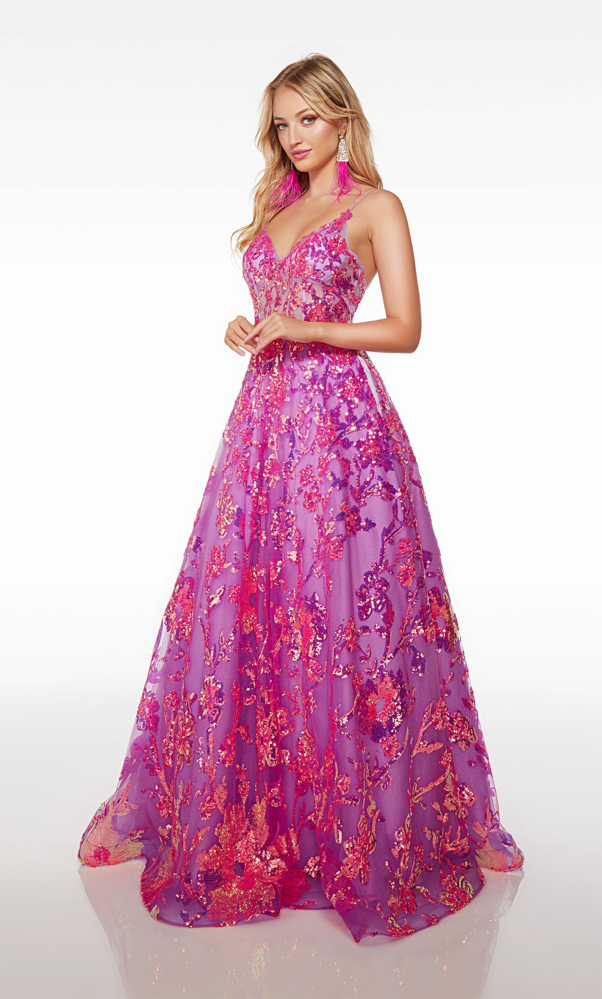 Purple-pink ball gown with an V-neckline, lace-up back, and adorned with beautiful iridescent sequin flowers, creating an enchanting and glamorous look.