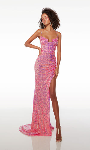 Chic pink sequin dress: sweetheart neckline, corset bodice, jewel-embellished straps, side slit, and an stylish train for an glamorous flair.