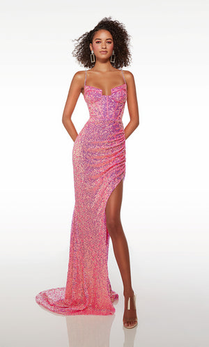 Chic pink sequin dress: sweetheart neckline, corset bodice, jewel-embellished straps, side slit, and an stylish train for an glamorous flair.