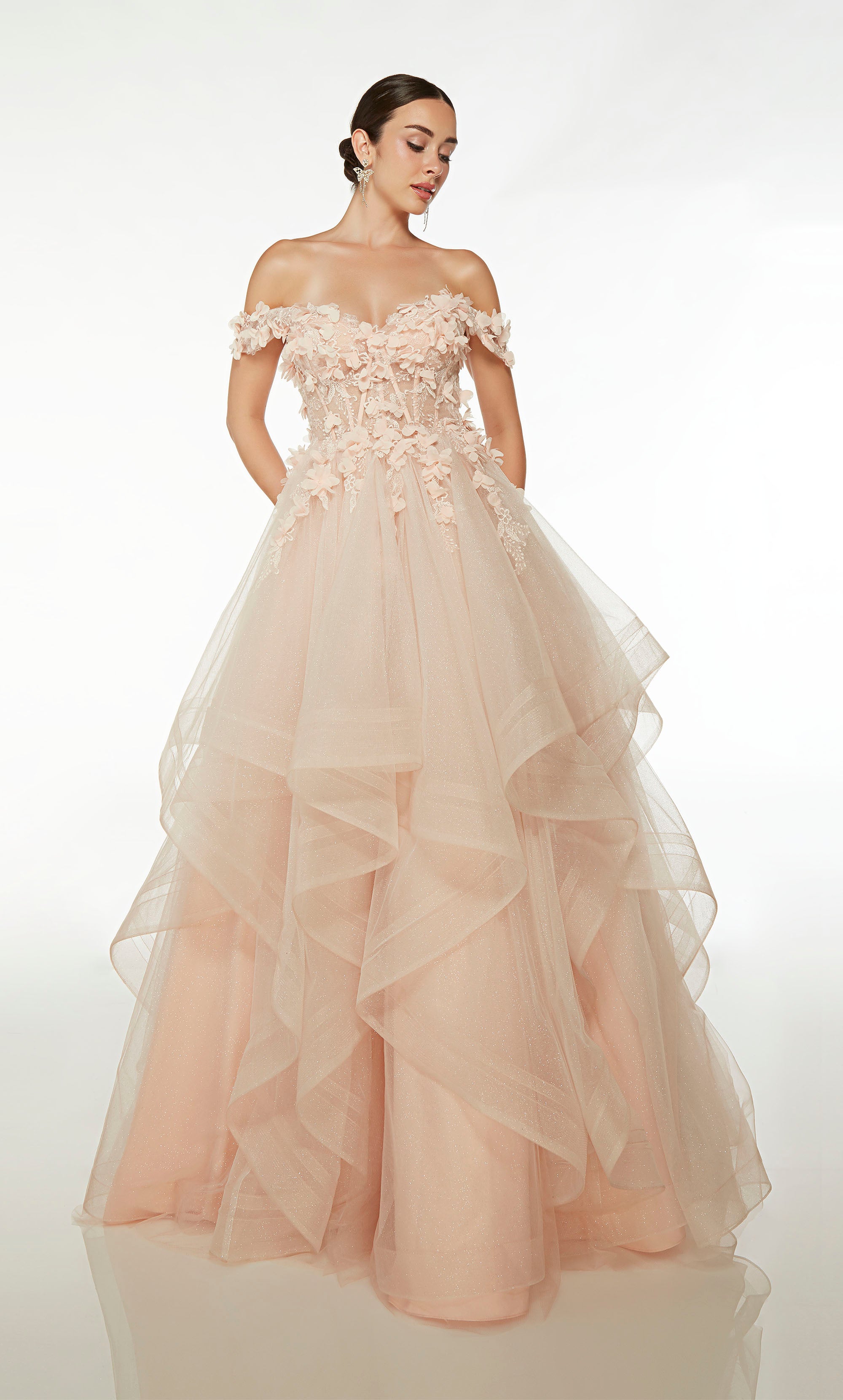 Pink glitter tulle off-the-shoulder corset dress with detachable sleeves, sheer 3D flower embellished bodice, and an ruffled tulle skirt for an whimsical vibe.