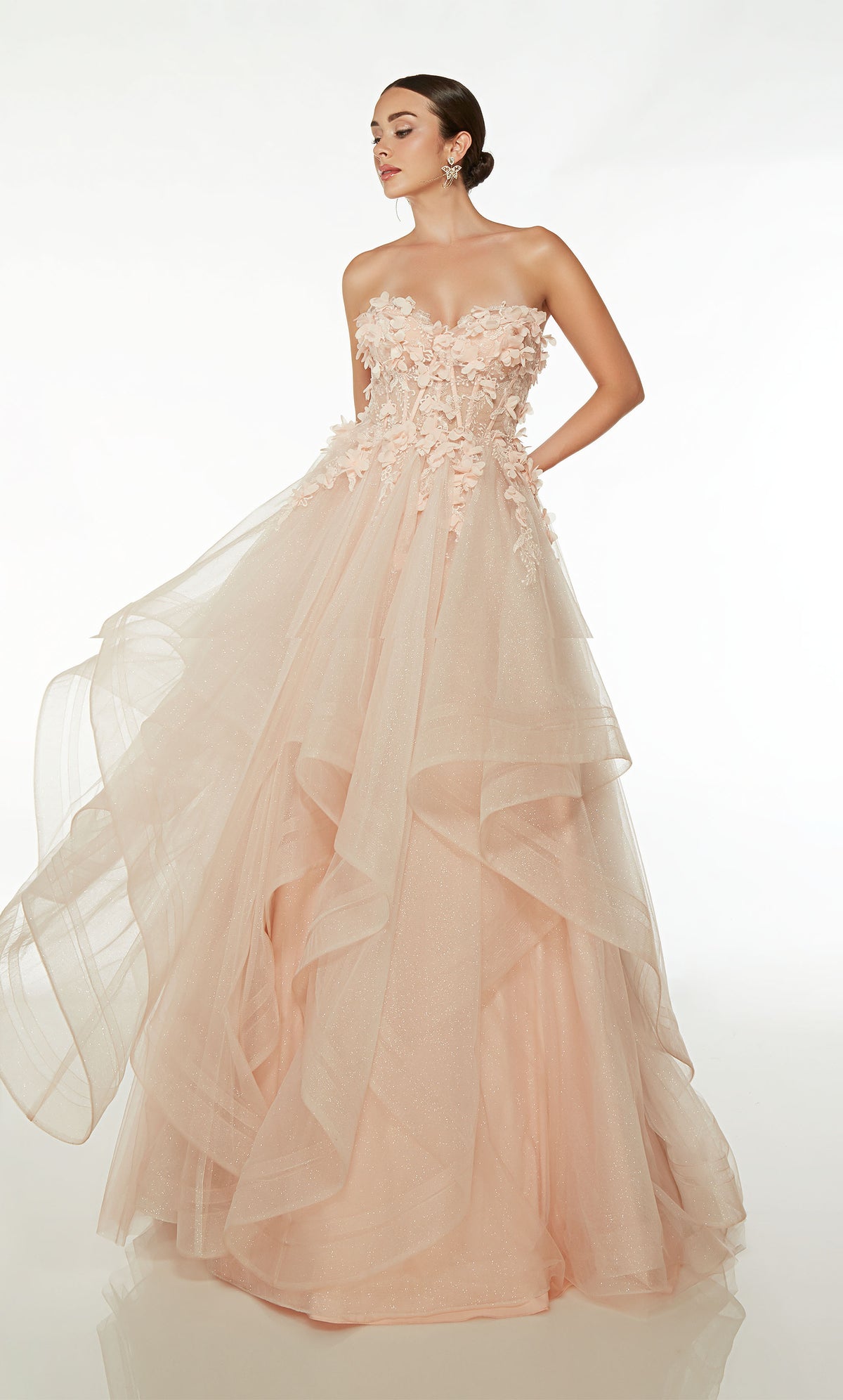 Pink glitter tulle off-the-shoulder corset ball gown prom dress with detachable sleeves, sheer 3D flower embellished bodice, and an ruffled tulle skirt for an whimsical vibe.