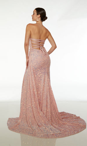 Pink iridescent sequin prom dress: strapless sweetheart neckline, high slit, detachable side train, long train, and lace-up back for an stunning and versatile look.