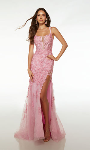 Gorgeous pink prom dress with an square-plunging neckline, side slit, double straps, lace-up back, and glitter tulle lace fabric for an stunning and elegant look.