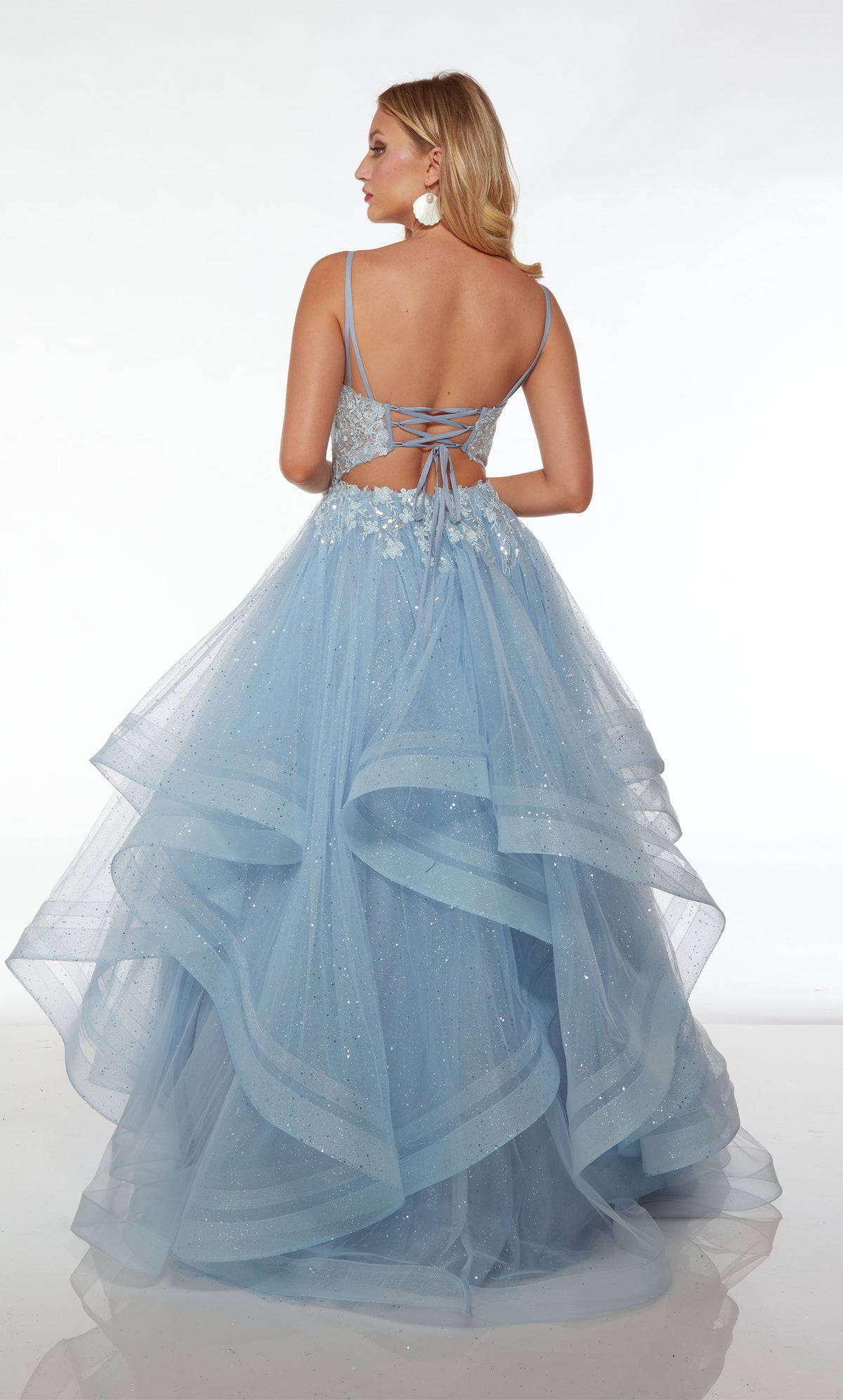 Blue prom dress: sheer floral lace corset, lace-up back, ruffled skirt in sequined lace-glitter tulle fabric, creating an captivating and glamorous look.