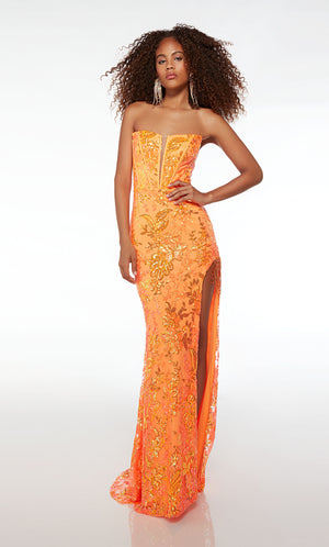 Orange off-shoulder prom dress: corset top, detachable straps, side slit, beaded fringe accents, zip-up back, and an stylish train.