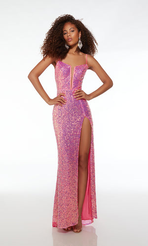 Barbie pink prom dress: form-fitting, plunging neckline, high slit, spaghetti straps, strappy open back, and an slight train in iridescent sequins.