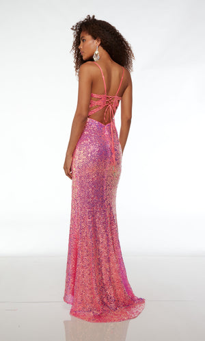 Barbie pink prom dress: form-fitting, plunging neckline, high slit, spaghetti straps, strappy open back, and an slight train in iridescent sequins.