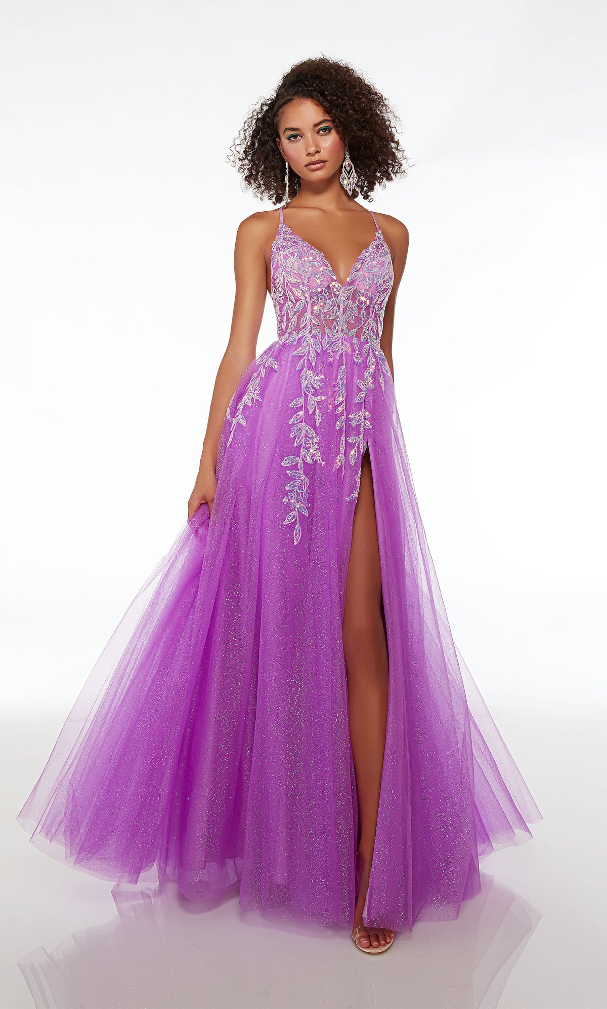 Purple prom dress: V neckline, sheer top with floral lace, high side slit, crisscross open back, in stunning glitter tulle fabric.