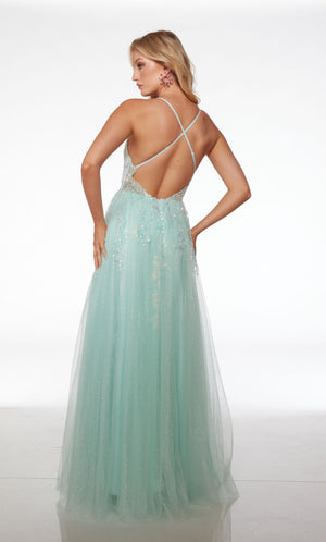 Blue prom dress: V neckline, sheer top with floral lace, high side slit, crisscross open back, in stunning glitter tulle fabric.