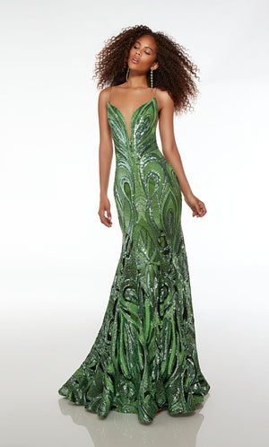 Green prom dress with an square neckline, side cutouts crisscrossing, zip-up back, and an unique sequin design for an refreshing and stylish look.