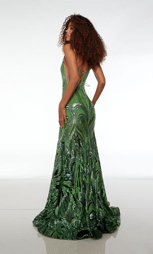 Green prom dress with an square neckline, side cutouts crisscrossing, zip-up back, and an unique sequin design for an refreshing and stylish look.