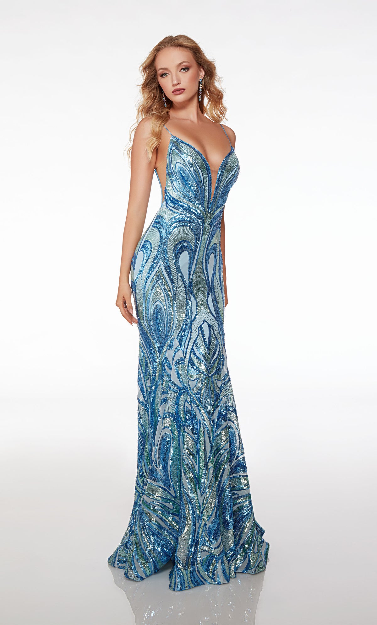 Blue prom dress with an square neckline, side cutouts crisscrossing, zip-up back, and an unique sequin design for an refreshing and stylish look.