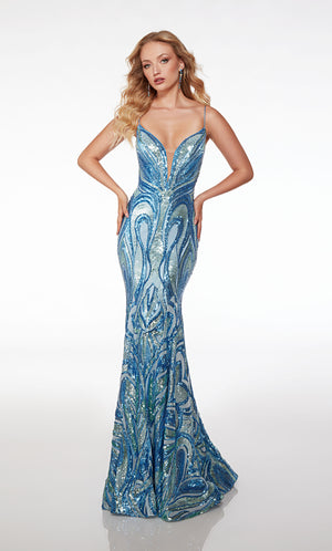 Blue prom dress with an square neckline, side cutouts crisscrossing, zip-up back, and an unique sequin design for an refreshing and stylish look.