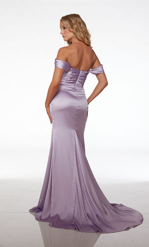 Purple satin off-shoulder formal dress: cowl neckline, gathered bodice, slit, detachable straps, side train—an chic and versatile ensemble.