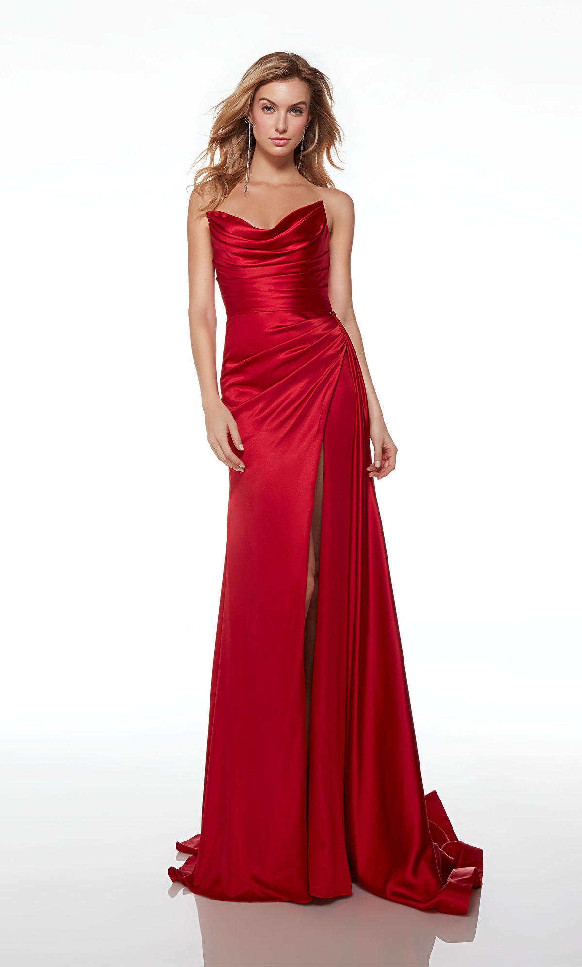 Red satin off-shoulder prom dress: cowl neckline, gathered bodice, slit, detachable straps, side train—an chic and versatile ensemble.