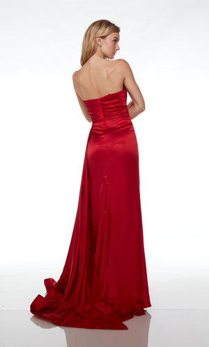 Red satin off-shoulder prom dress: cowl neckline, gathered bodice, slit, detachable straps, side train—an chic and versatile ensemble.