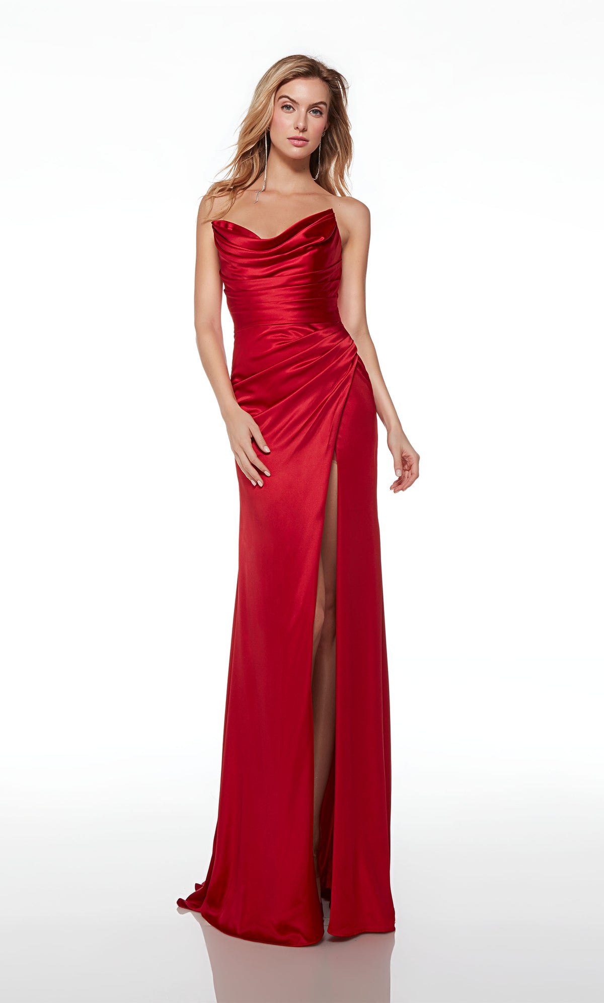 Red satin off-shoulder prom dress: cowl neckline, gathered bodice, slit, detachable straps, side train—an chic and versatile ensemble.