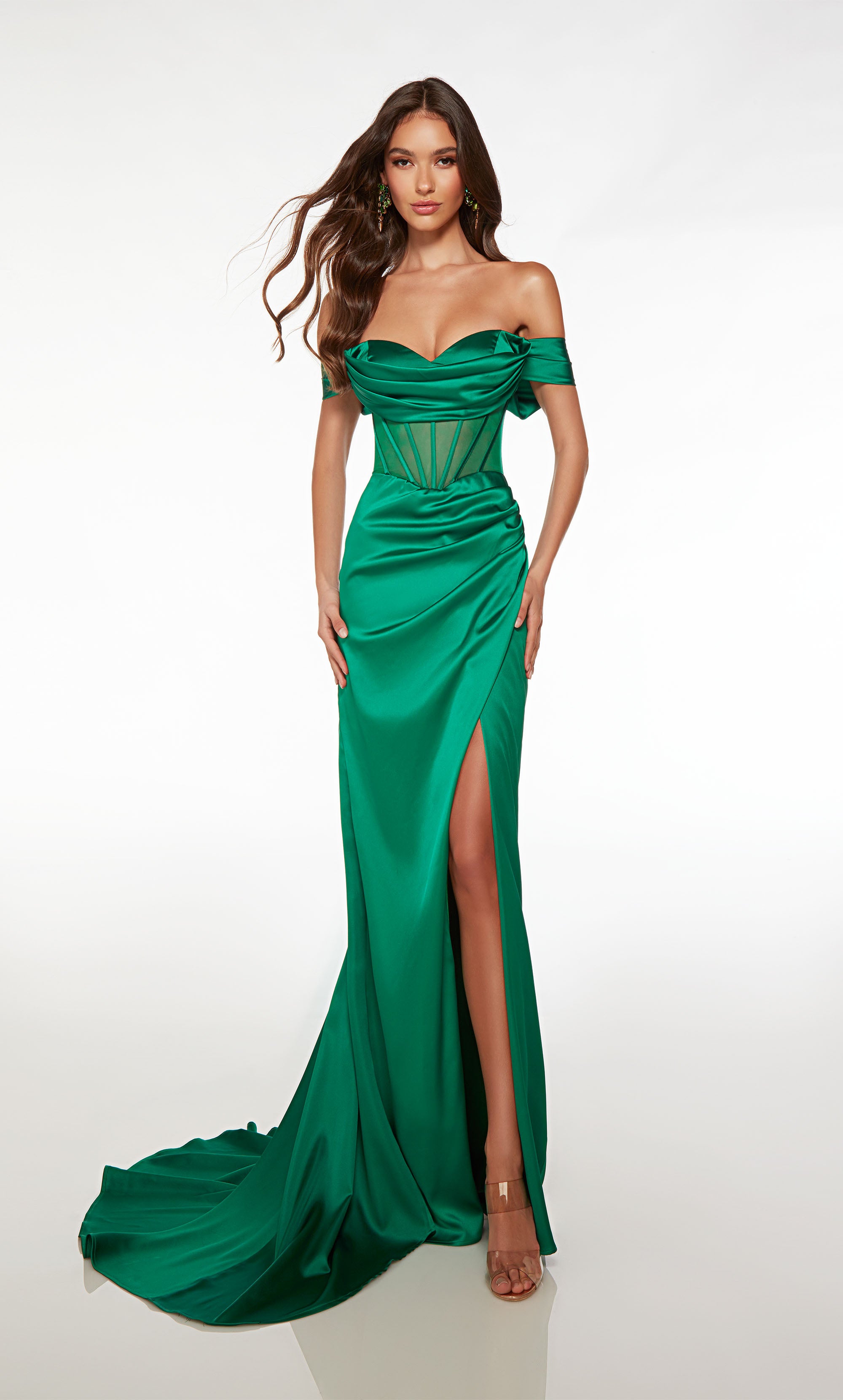 Emerald green satin prom dress: Off-the-shoulder cowl neckline, detachable straps, sheer corset bodice, gathered skirt detail, and an elegant long train.