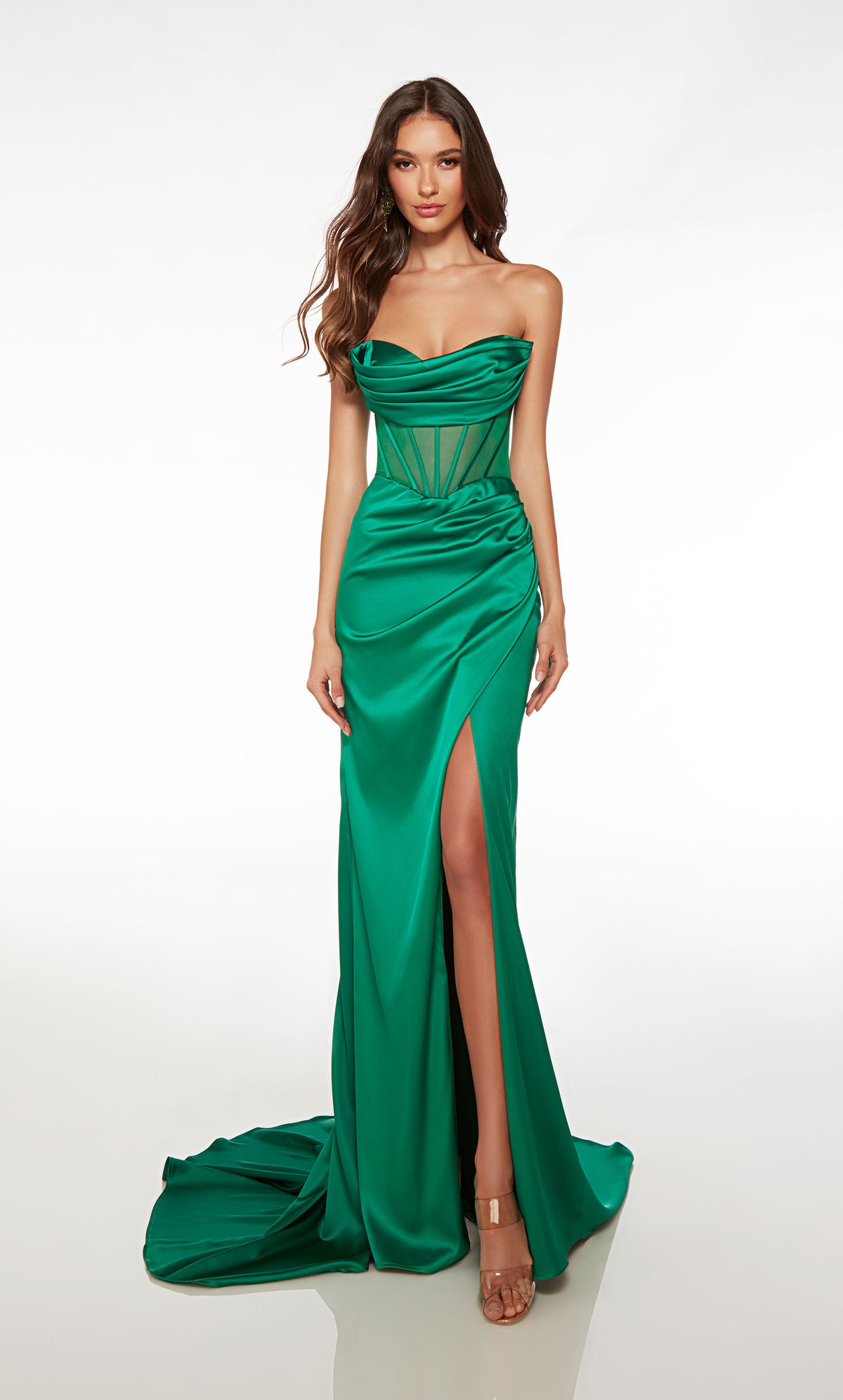 Emerald green satin prom dress: Off-the-shoulder cowl neckline, detachable straps, sheer corset bodice, gathered skirt detail, and an elegant long train.