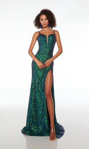 Green sequin prom dress: plunging neckline, corset top, dual straps, high slit, crisscross tie-up back, and elegant train—an glamorous ensemble.