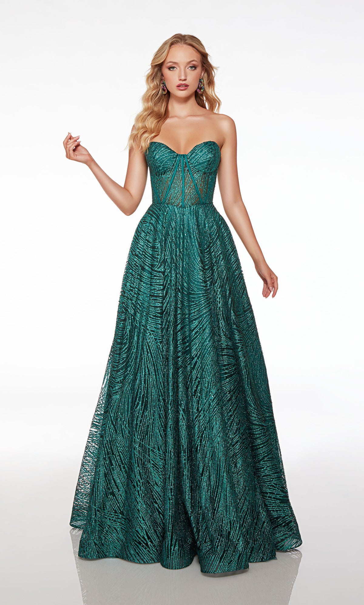 Strapless green corset dress with A-line skirt, lace-up back, and pockets, in stunning glitter tulle fabric for an chic and functional look.