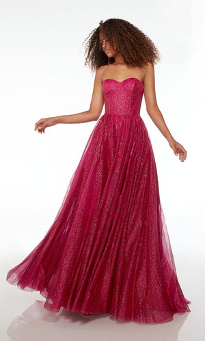 Raspberry pink A-line formal dress in glitter tulle: sweetheart neckline, corset top, side slit, lace-up back, and train for an stylish and elegant look.