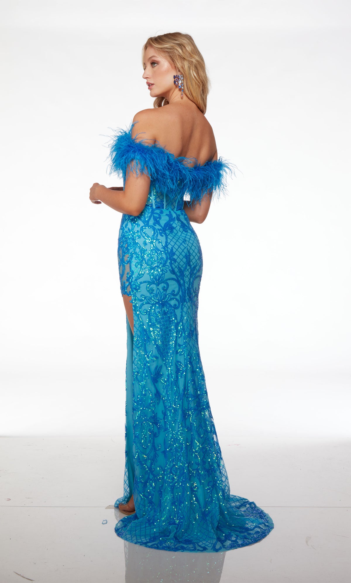 Unique prom dress: feather-trimmed off-shoulder neckline, corset bodice, intricate sequin detailing, high slit, zip-up back, and train in vivid ocean blue.