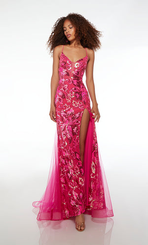 Vibrant pink mermaid dress: gorgeous sequin floral design, plunging neckline, spaghetti straps, high slit, crisscross lace-up back, train.