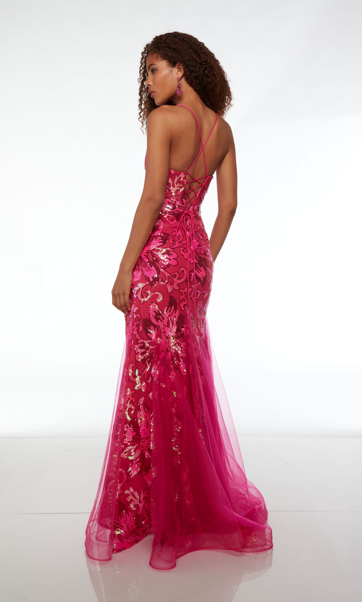 Vibrant pink mermaid dress: gorgeous sequin floral design, plunging neckline, spaghetti straps, high slit, crisscross lace-up back, train.