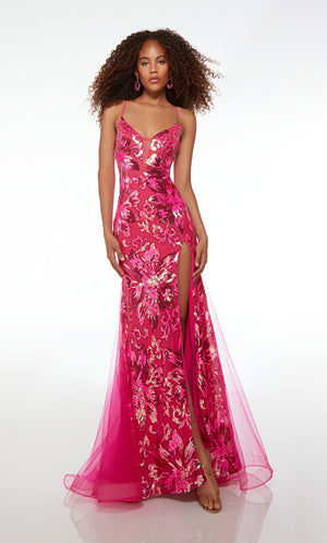 Vibrant pink mermaid dress: gorgeous sequin floral design, plunging neckline, spaghetti straps, high slit, crisscross lace-up back, train.