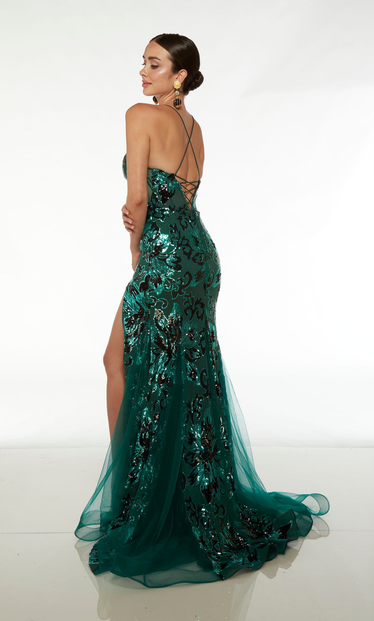 Vibrant green mermaid dress: gorgeous sequin floral design, plunging neckline, spaghetti straps, high slit, crisscross lace-up back, train.