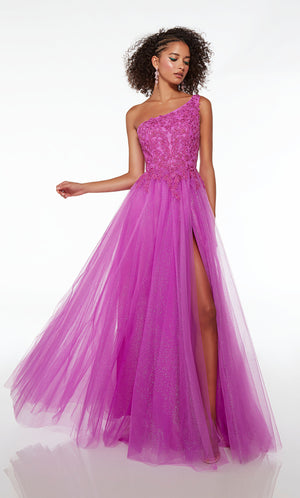 Neon purple colored one-shoulder prom dress: lace bodice, glitter tulle skirt, high slit, and lace-up back for the perfect fit and an stylish, elegant look.