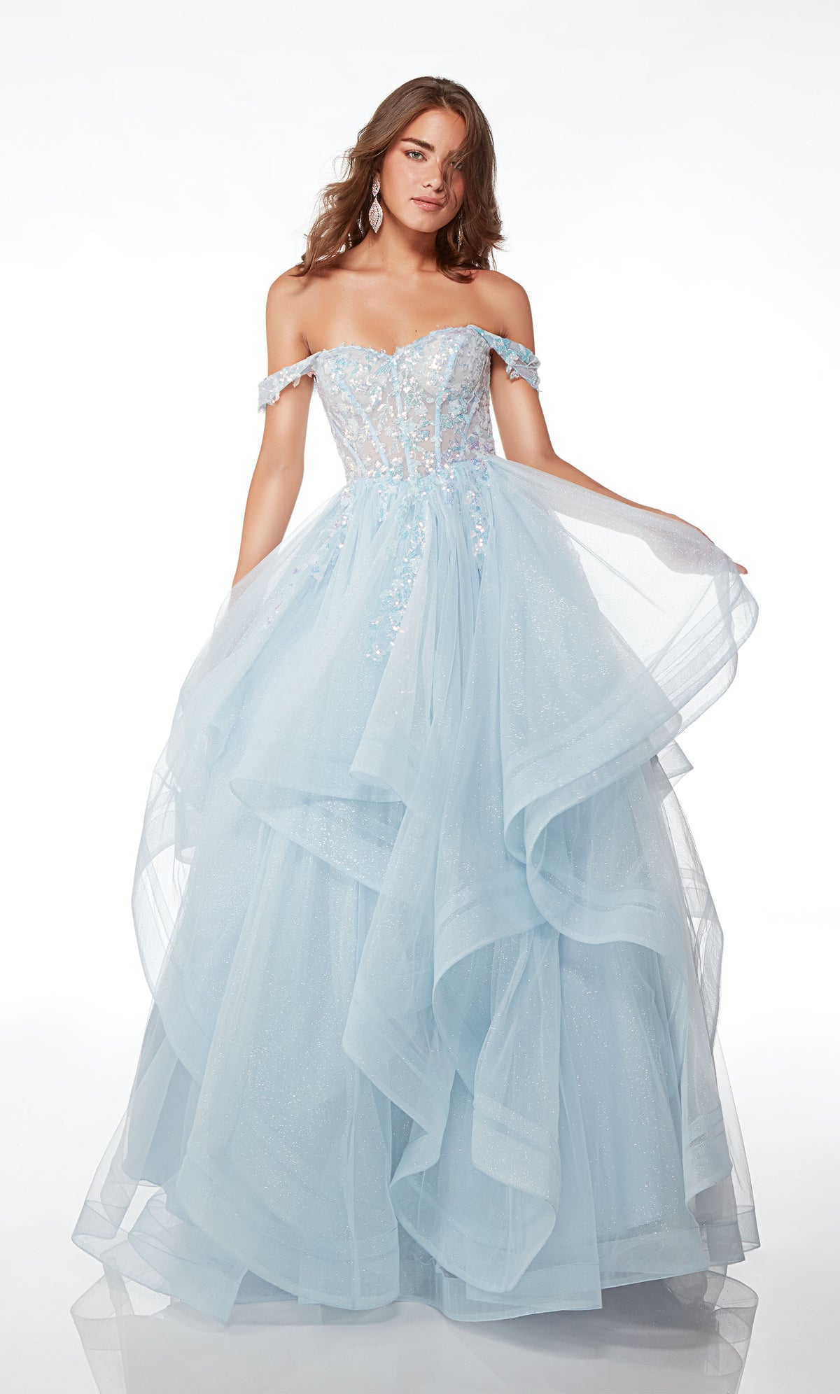 Charming light blue ball gown: off-the-shoulder sheer corset top, detachable straps, sequin-embellished glitter tulle, ruffled skirt, zip-up back—pure delight.