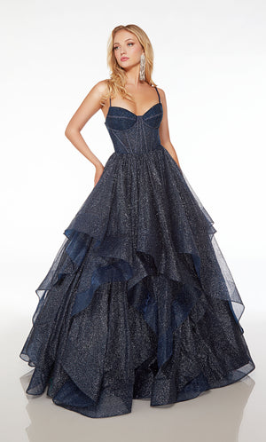 Midnight blue glitter tulle ball gown: hotfix embellished corset bodice, ruffled skirt, lace-up back for the perfect custom fit and elegant allure.