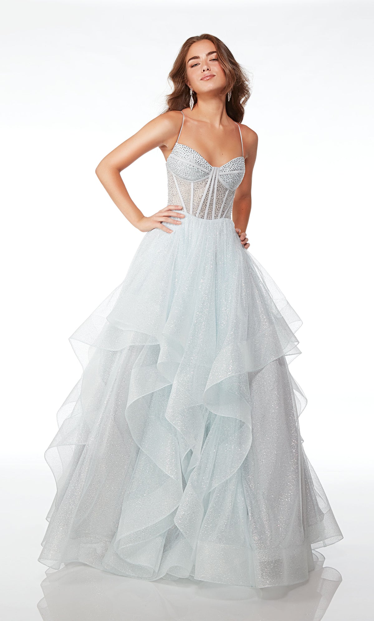 Dreamy silvery-blue glitter tulle ball gown: hotfix embellished corset bodice, ruffled skirt, lace-up back for the perfect custom fit and elegant allure.