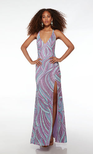 Hand-beaded purple-multi formal dress: V halter neckline, side slit, crisscross adjustable back straps for an elegant and stylish look.