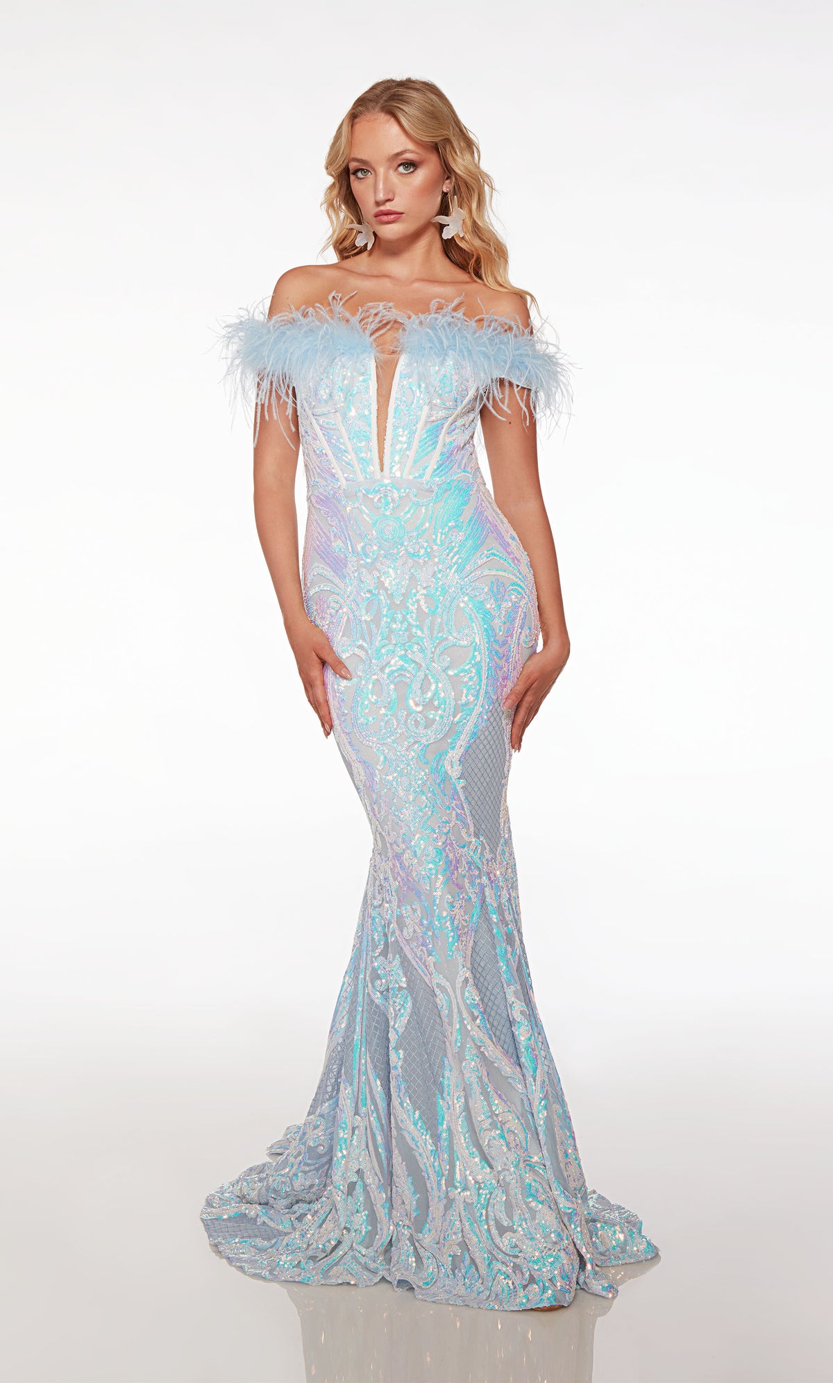 Opulent opal-blue off-shoulder dress, feather trim, fit-and-flare silhouette, paisley sequins, zip back, graceful train.