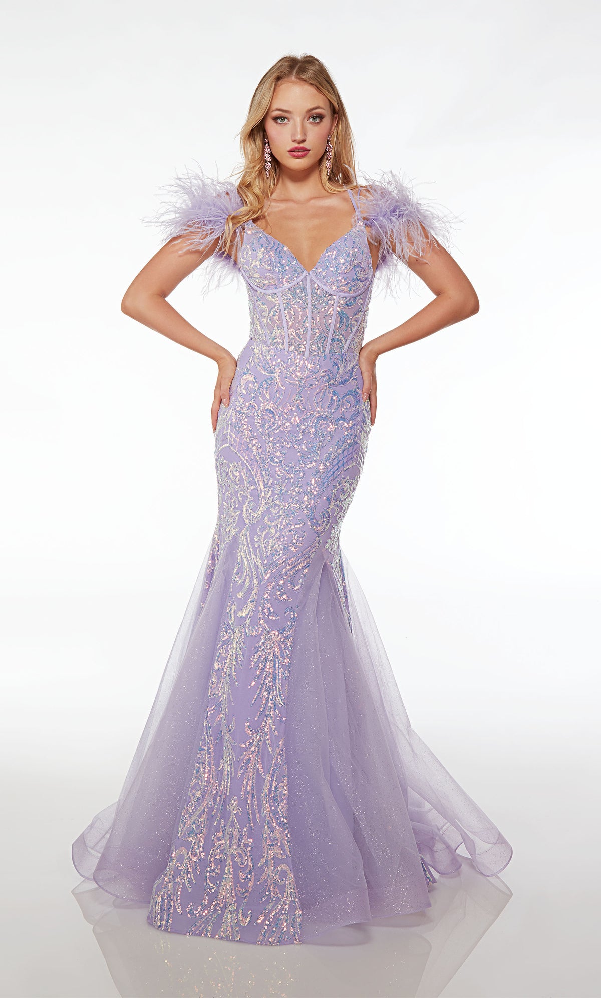 Purple prom dress with dual straps, feather trim, corset bodice, mermaid silhouette, iridescent sequin detailing, and crisscross lace-up back.